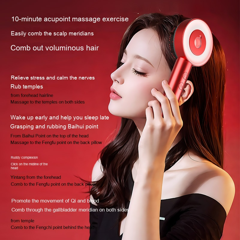 Woman enjoying a soothing massage with the glowing red ScalpSerenity™ electric scalp comb