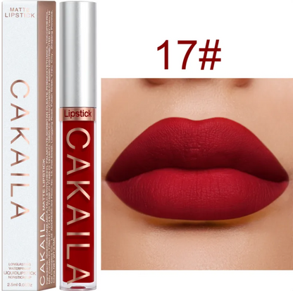 Shade 17 of the VelvetGlow™ lip color shown as a tube, box, and deep red lip swatch
