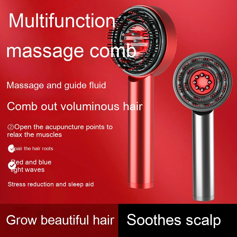 Red and silver ScalpSerenity™ electric scalp massage combs shown front and back with feature highlights