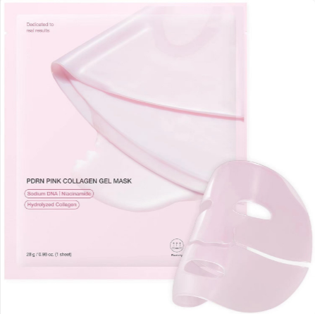 HydraVeil™ pink collagen gel mask packet with ingredients listed beside a gel mask