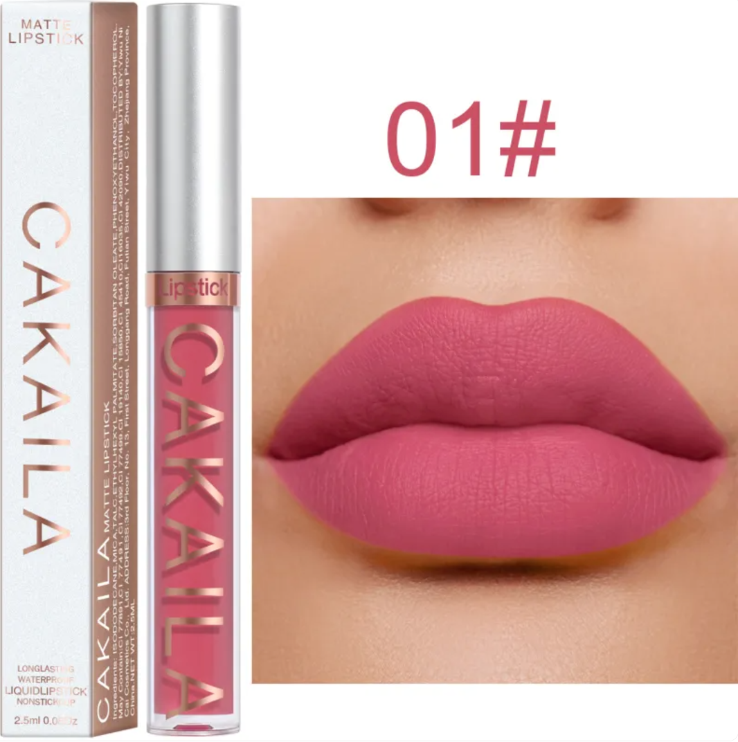 Shade 01 of the VelvetGlow™ lip color shown as a pink tube, box, and lip swatch