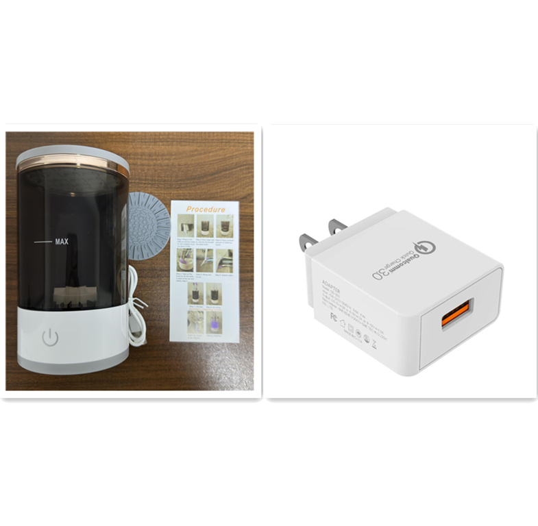 SwiftClean™ electric makeup brush cleaner device with instruction card and USB adapter