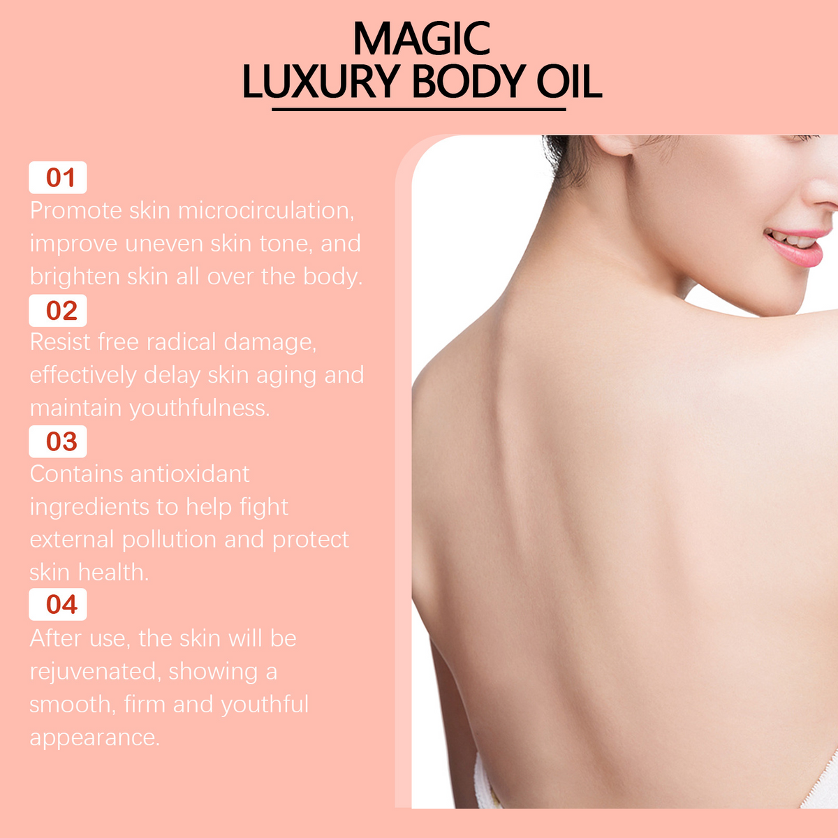 Numbered benefits of the PetalSoft™ calming body oil listed on a soft pink background