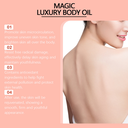 Numbered benefits of the PetalSoft™ calming body oil listed on a soft pink background