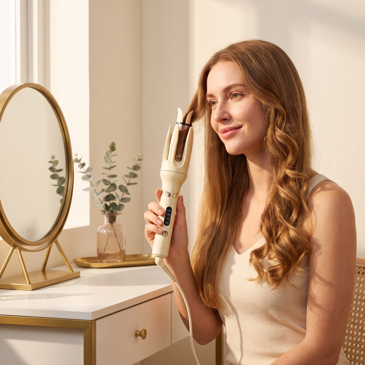 Woman styling her hair with the cream-colored Luna Theory CurlMuse™ automatic curling wand at a vanity