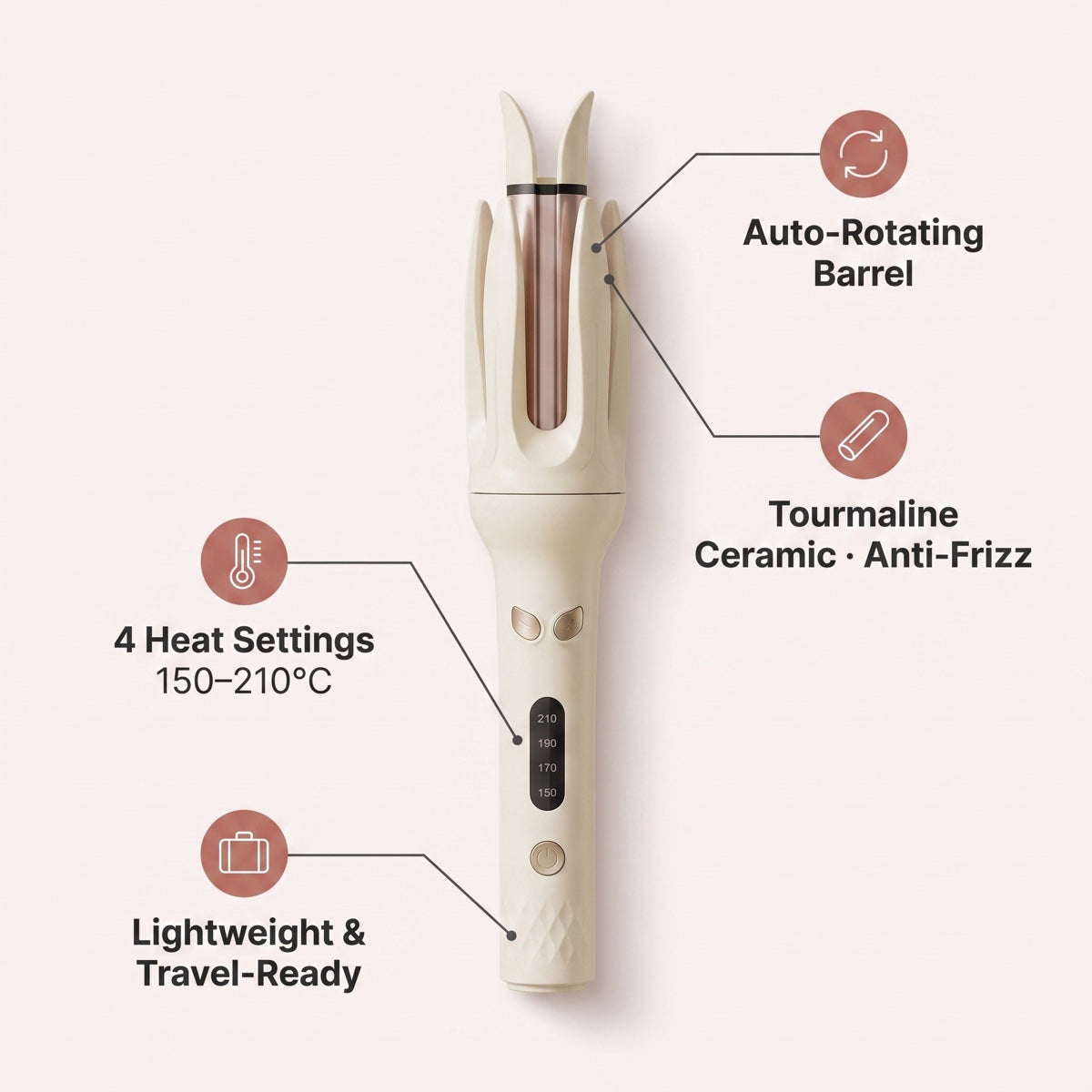 CurlMuse™ automatic curler feature guide: auto-rotating barrel, tourmaline ceramic coating, four heat settings, and travel-ready design