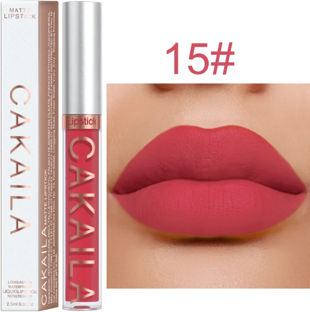 Shade 15 of the VelvetGlow™ lip color shown as a tube, box, and rosy pink lip swatch