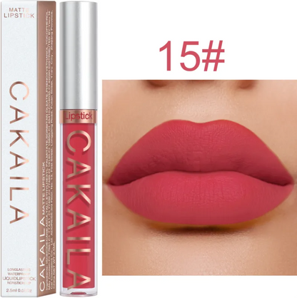 Shade 15 of the VelvetGlow™ lip color shown as a tube, box, and rosy pink lip swatch