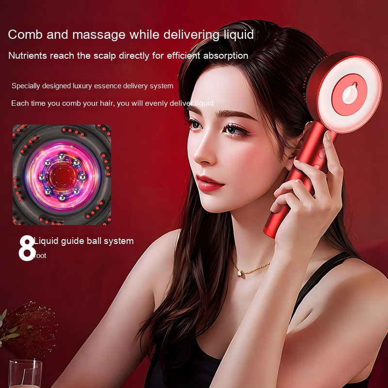 Woman using the red ScalpSerenity™ electric scalp massager with its liquid-delivery comb