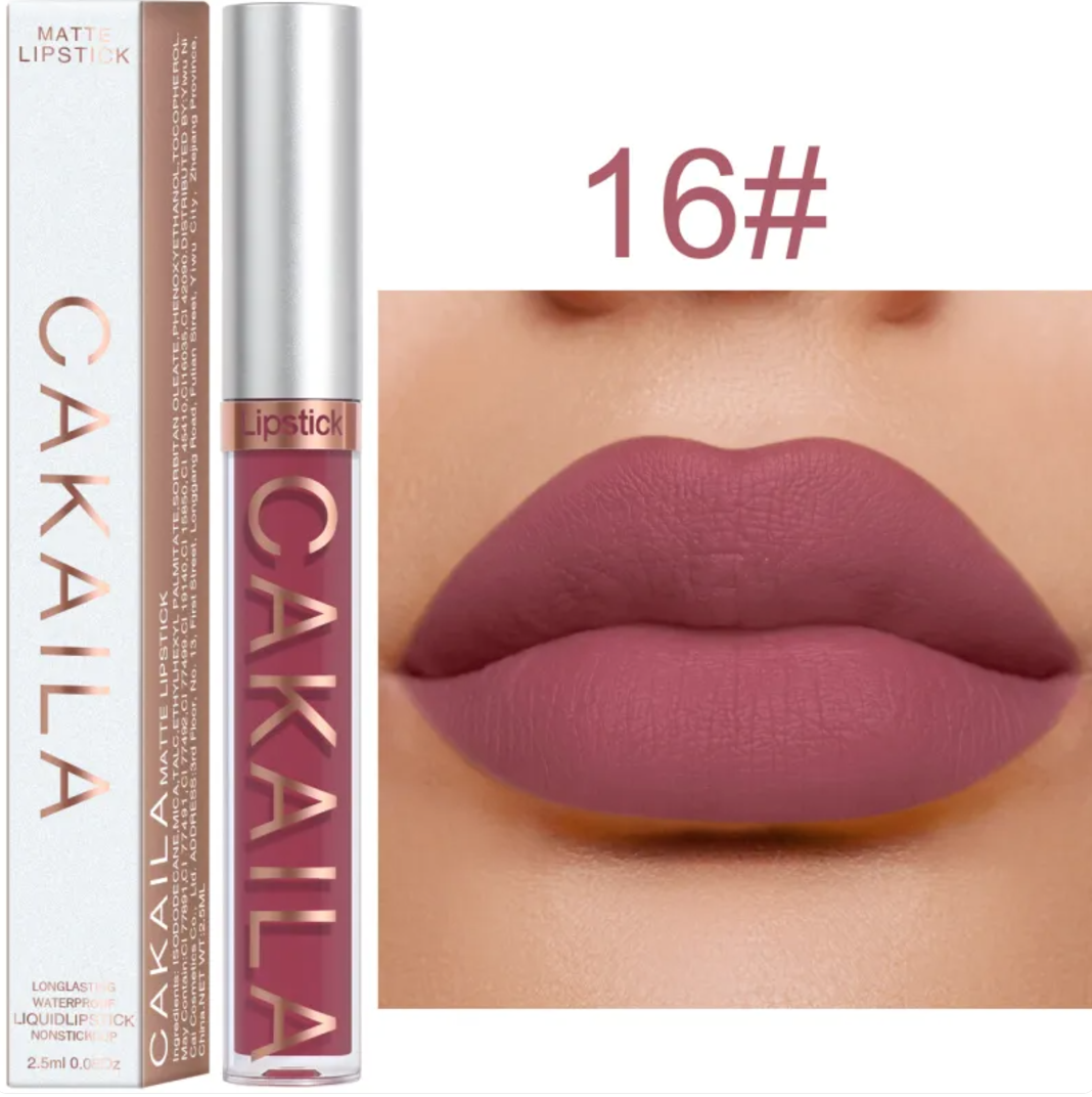 Shade 16 of the VelvetGlow™ lip color shown as a tube, box, and mauve lip swatch