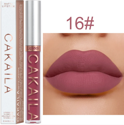 Shade 16 of the VelvetGlow™ lip color shown as a tube, box, and mauve lip swatch