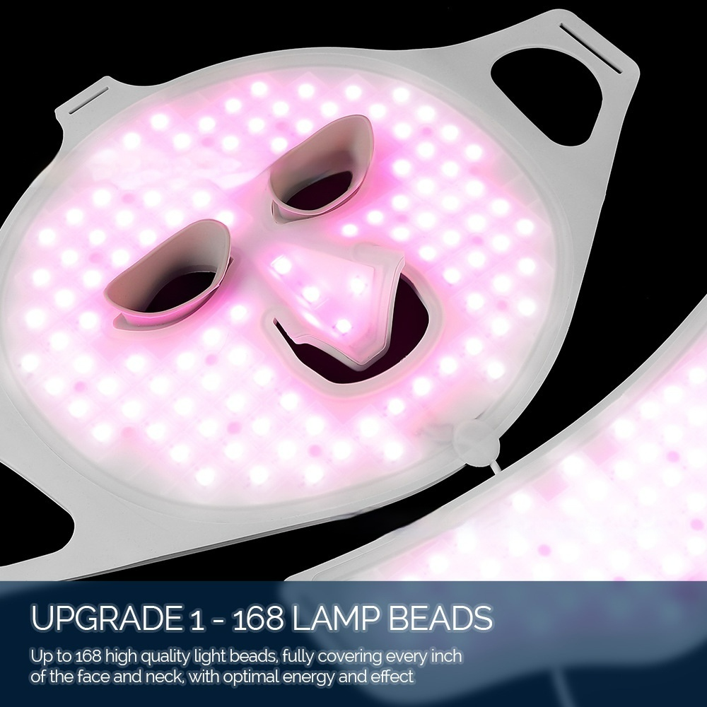 LuminaGlow™ LED face mask glowing pink on a black background, shown with 168 lamp beads