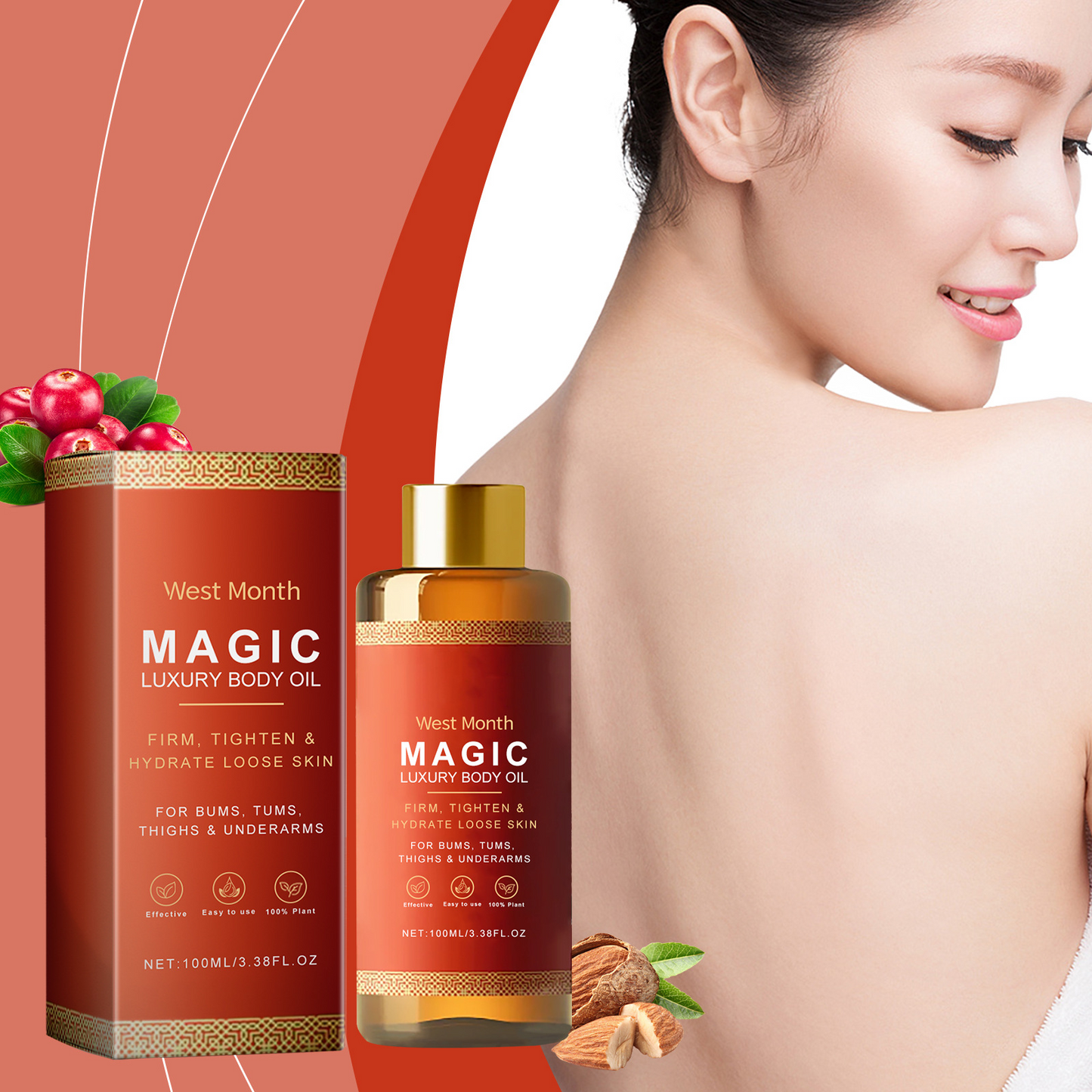 PetalSoft™ calming body oil displayed with almonds and berries against a terracotta background