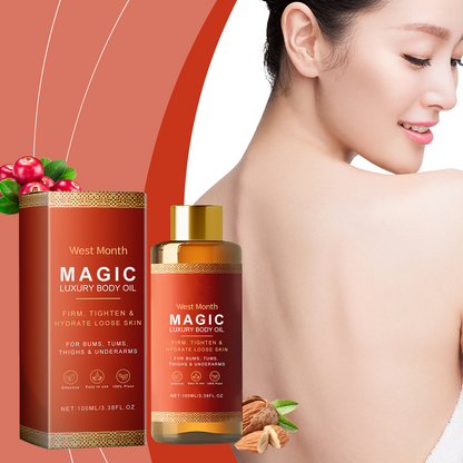 PetalSoft™ calming body oil displayed with almonds and berries against a terracotta background