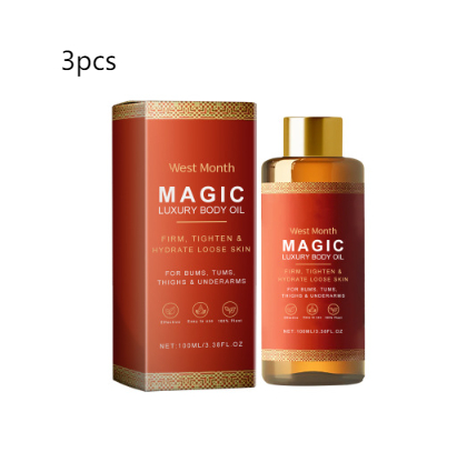Amber bottle and gold-trimmed box of the PetalSoft™ calming body oil, three-pack