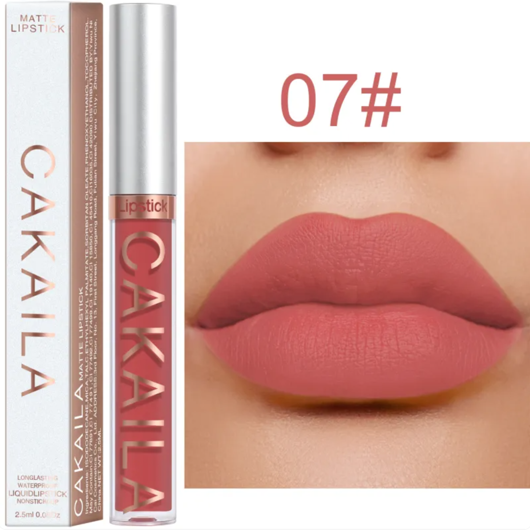 Shade 07 of the VelvetGlow™ lip color shown as a tube, box, and dusty rose lip swatch