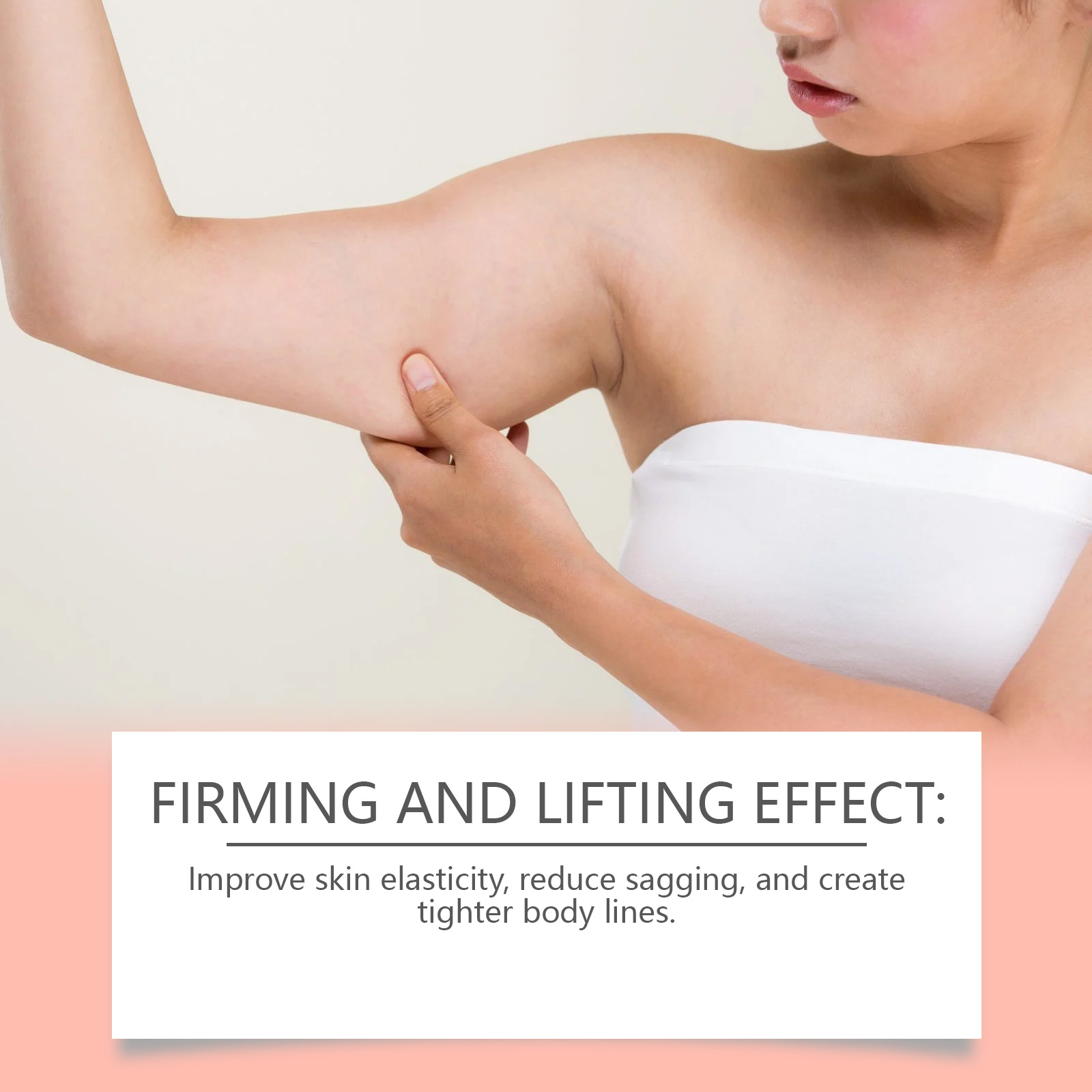 Firming and smoothing benefits of the PetalSoft™ calming body oil shown on a peach background