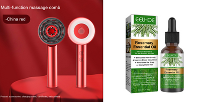 Red ScalpSerenity™ electric scalp massage comb with rosemary scalp oil and box