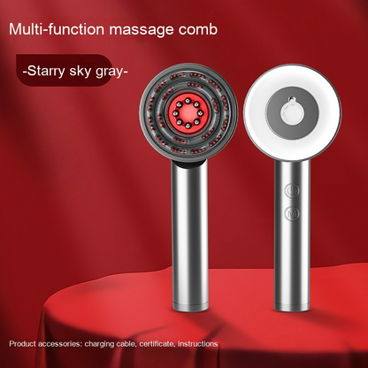 Front and back views of the metallic gray ScalpSerenity™ electric scalp massage comb