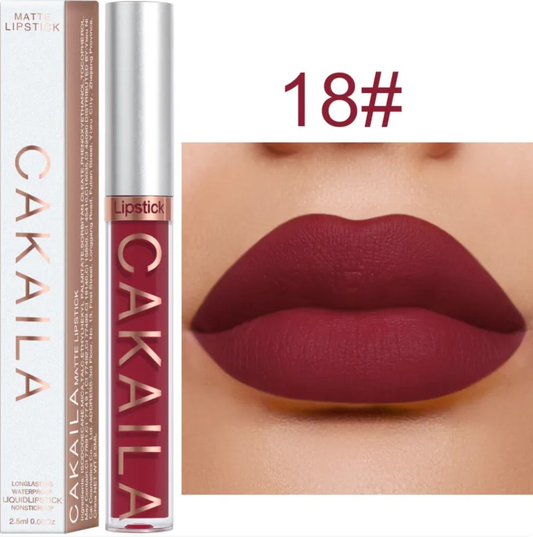 Shade 18 of the VelvetGlow™ lip color shown as a tube, box, and deep burgundy lip swatch