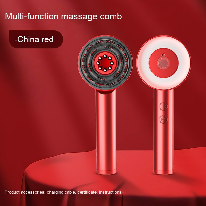 Front and back view of the metallic red ScalpSerenity™ electric scalp massager with accessories
