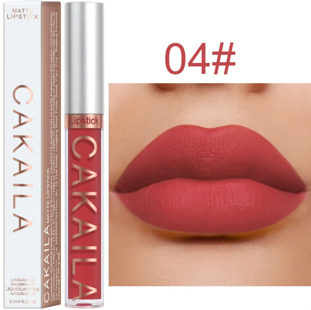 Shade 04 of the VelvetGlow™ lip color shown as a tube, box, and rose-red lip swatch