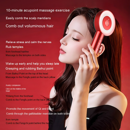 Woman enjoying a soothing massage with the glowing red ScalpSerenity™ electric scalp comb