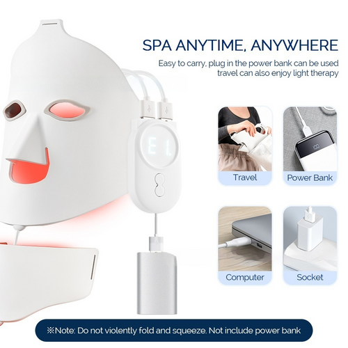 LuminaGlow™ LED face and neck mask with remote controller and charging options, shown with the tagline Spa Anytime, Anywhere