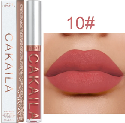Shade 10 of the VelvetGlow™ lip color shown as a tube, box, and dusty rose lip swatch