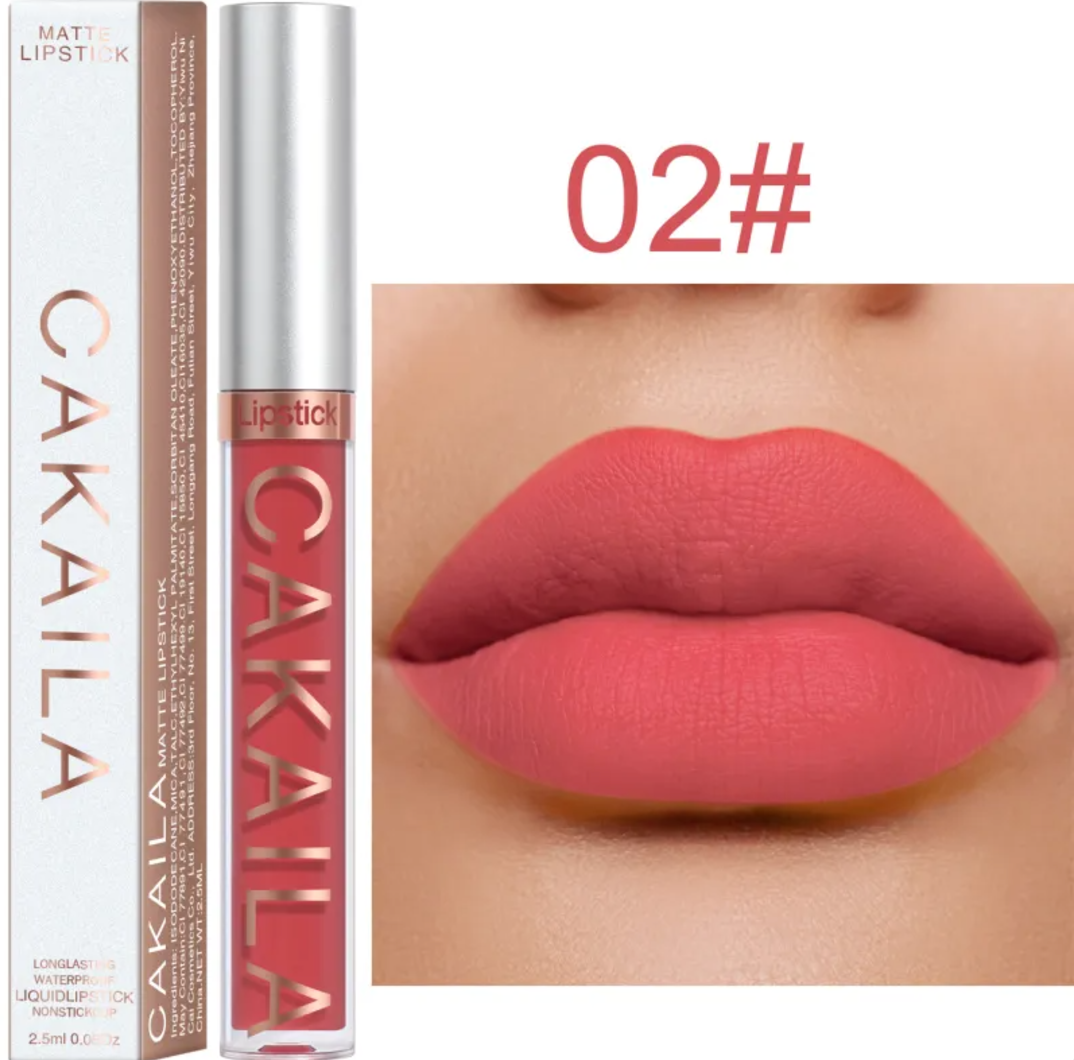 Shade 06 of the VelvetGlow™ lip color shown as a tube, box, and dark wine-red lip swatch