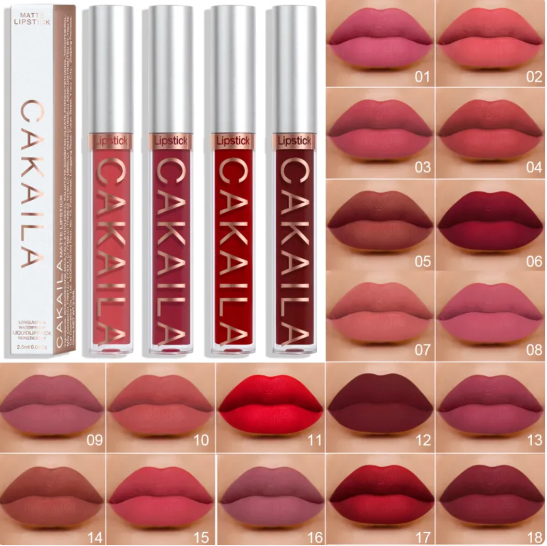 VelvetGlow™ lip color tubes with a grid of 18 shades from nude and pink to red