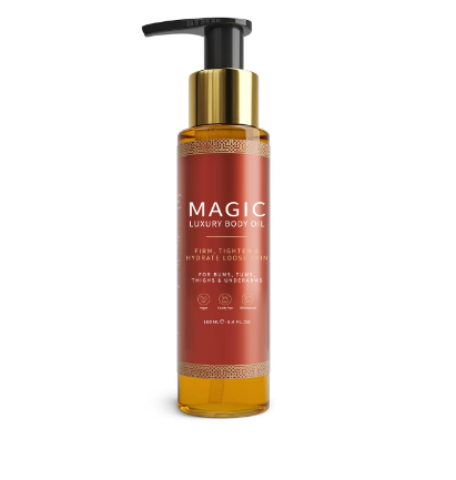Front view of the PetalSoft™ calming body oil bottle with amber formula and pump dispenser