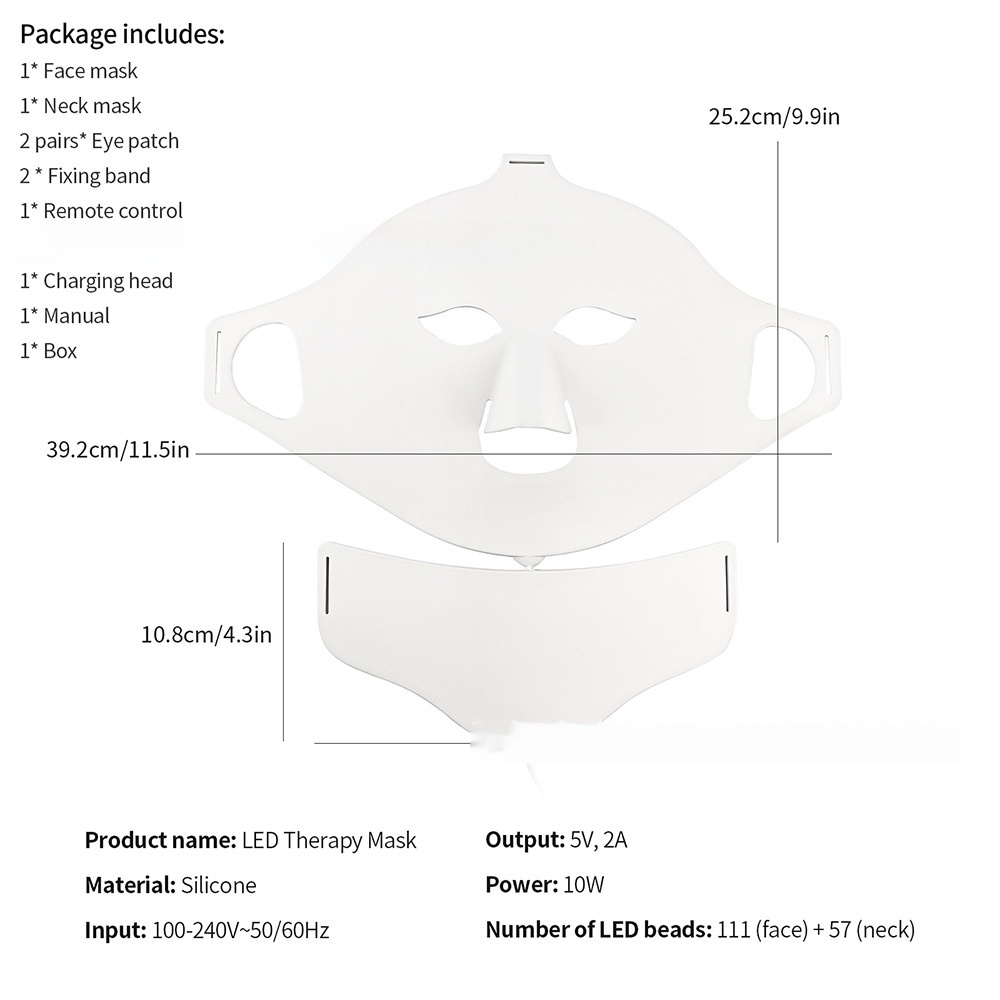 White silicone LuminaGlow™ LED mask with dimension lines and technical specifications