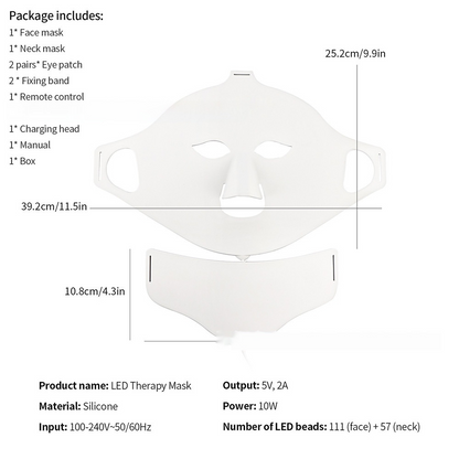 White silicone LuminaGlow™ LED mask with dimension lines and technical specifications