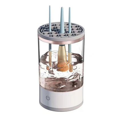 SwiftClean™ electric brush cleaner with three brushes swirling in water inside its clear cylinder