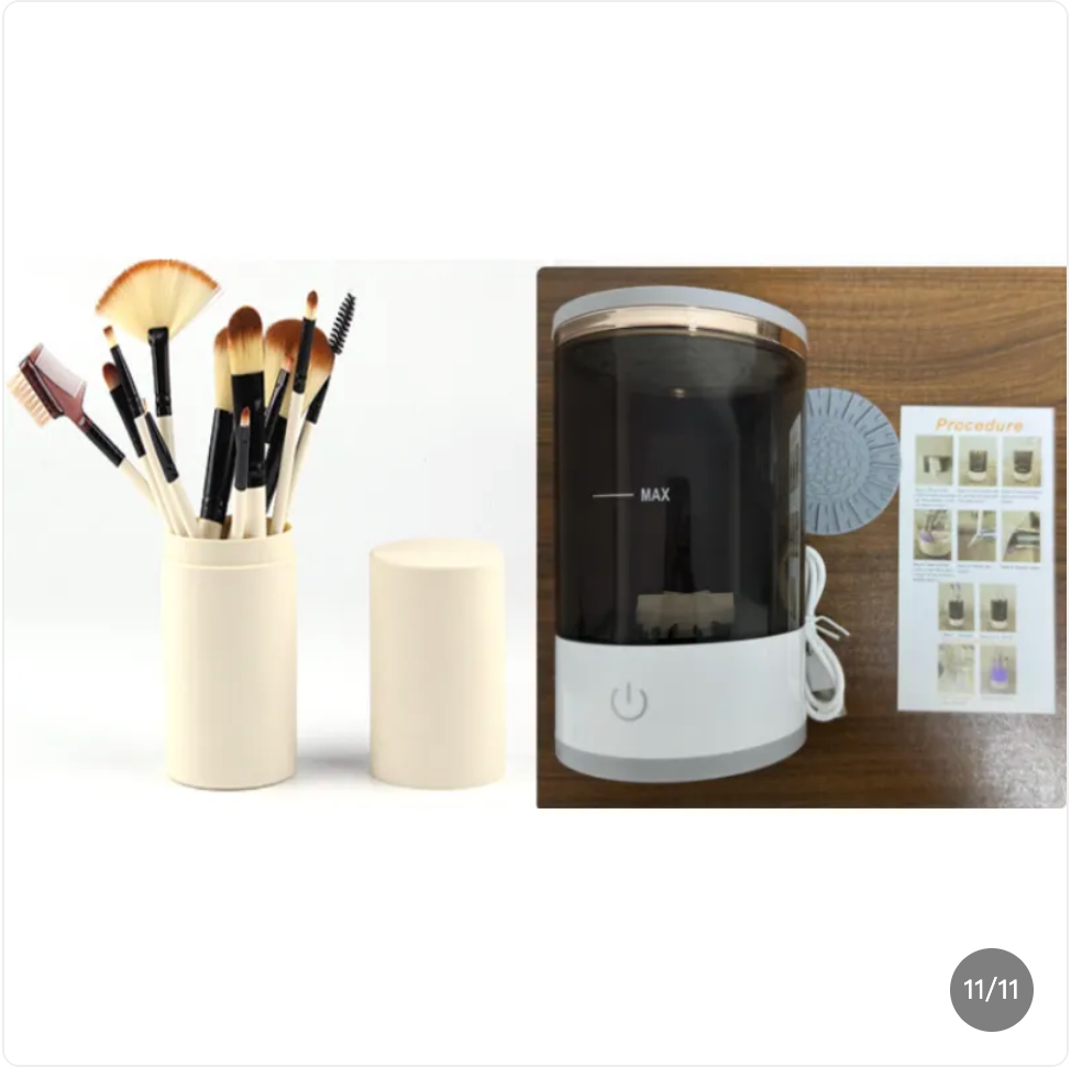 SwiftClean™ electric makeup brush cleaner with white base, smoked container, and USB power cable