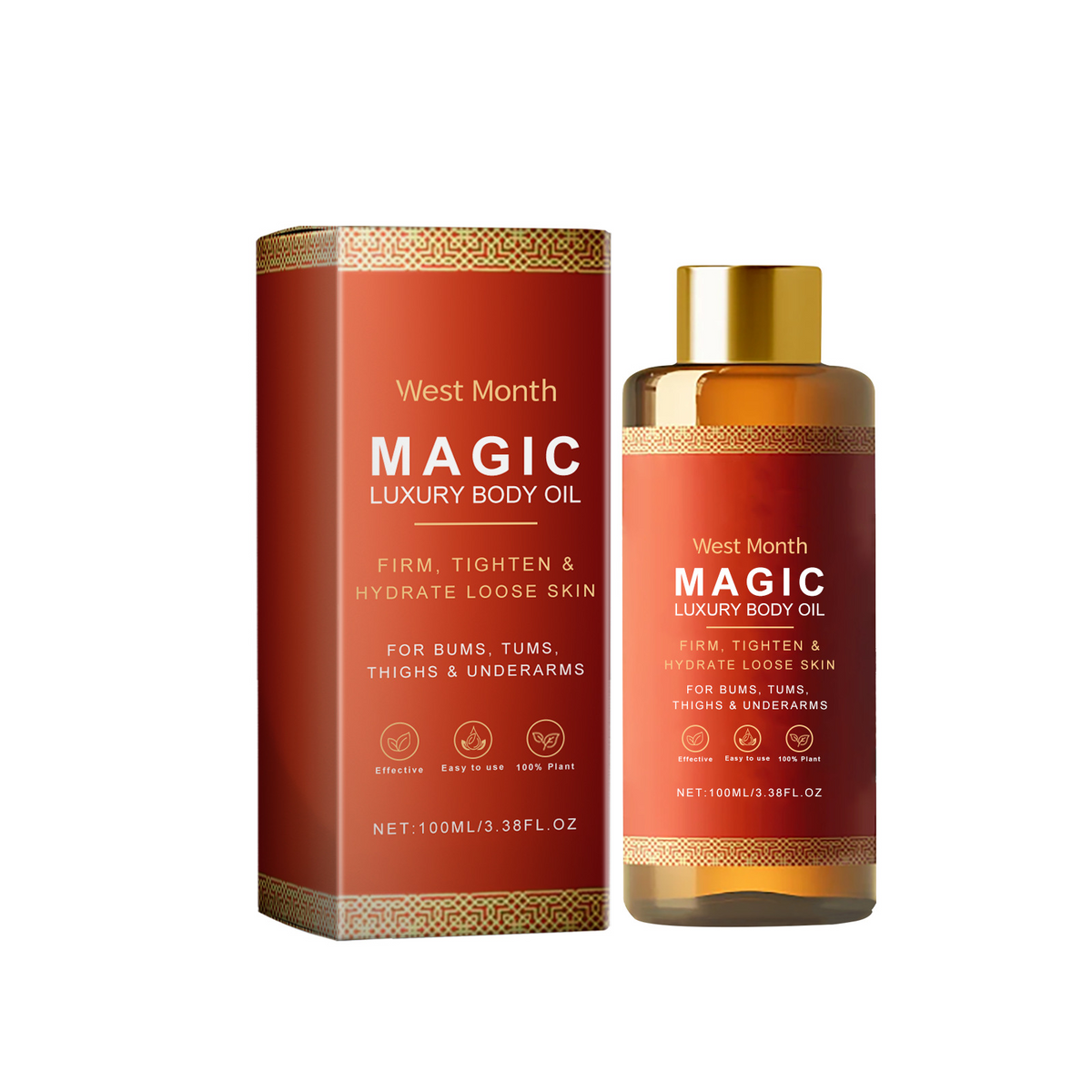Bottle and box of the PetalSoft™ calming body oil in reddish-brown packaging with gold accents