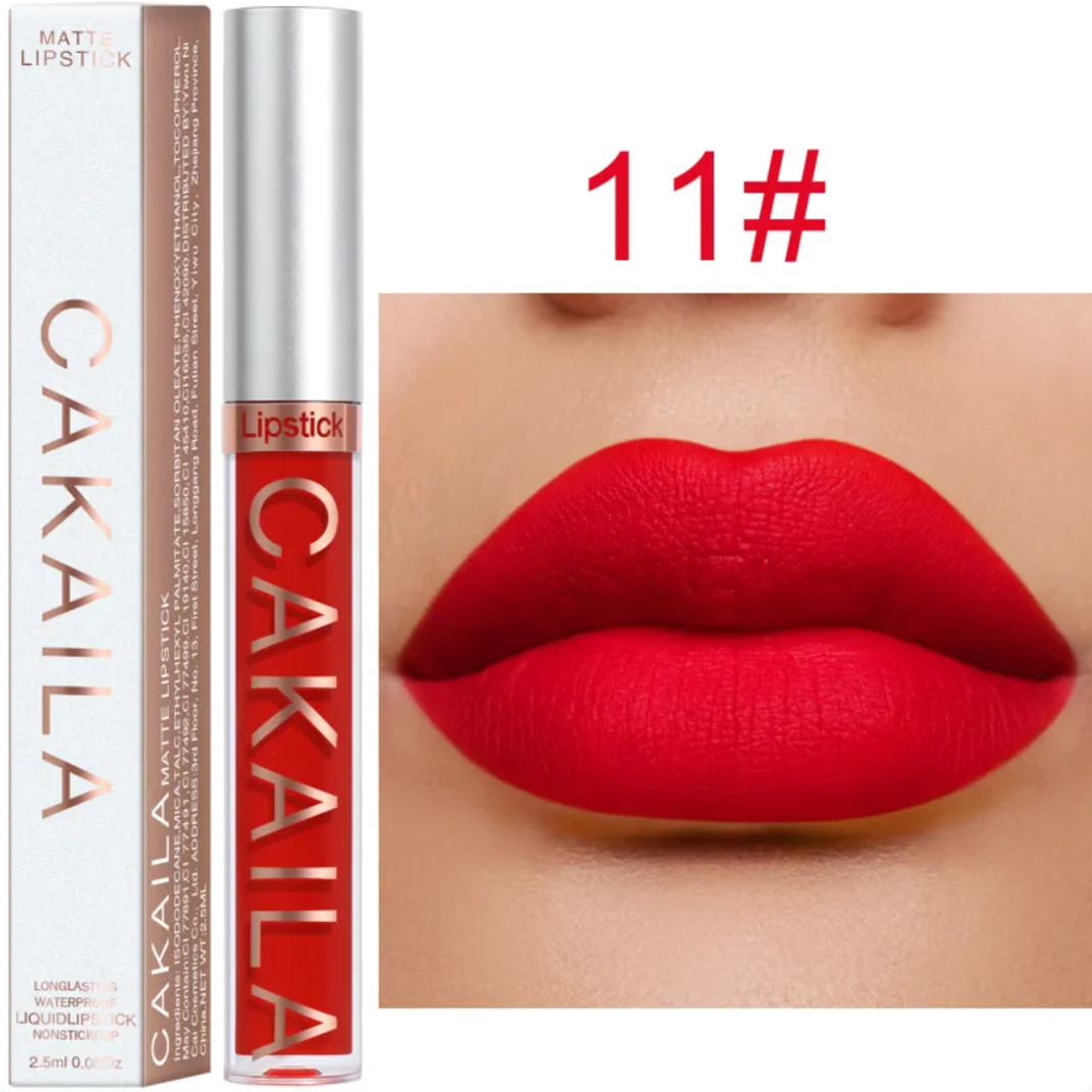 Shade 11 of the VelvetGlow™ lip color shown as a tube, box, and bright red lip swatch