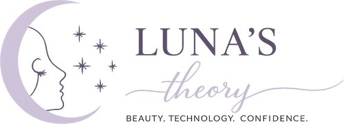 Luna's Theory logo — lavender crescent moon with woman's profile, LUNA'S theory lettering in deep plum